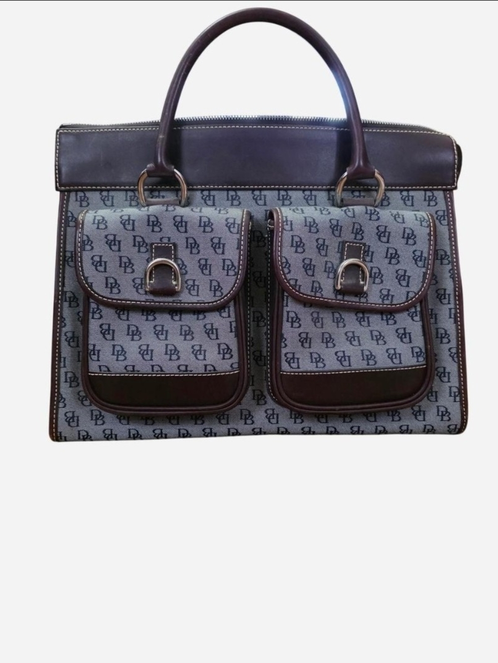 Dooney & Bourke Navy Logo Canvas Tote with Brown Leather Trim